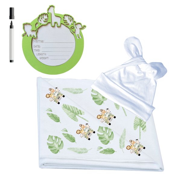 Swaddle - Beanie &amp; Birth Announcement Sign - White with Safari Prints