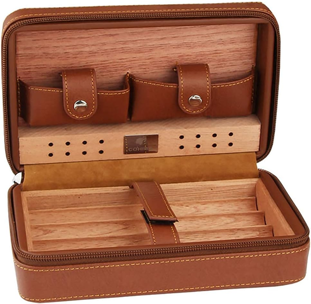 Portable Cedar Wood Cigar Humidor Box Travel Leather Cigar Case