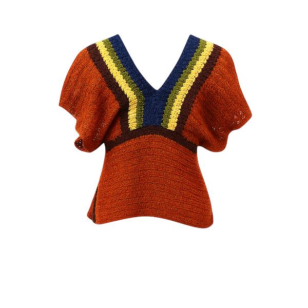 Lettice Designs Women's Crochet Knit Top - Rust Orange V-Neck Short Sleeve