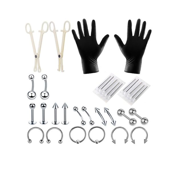 32 Piece Steel Belly Ring Tongue Body Jewelry Professional Piercing Kit