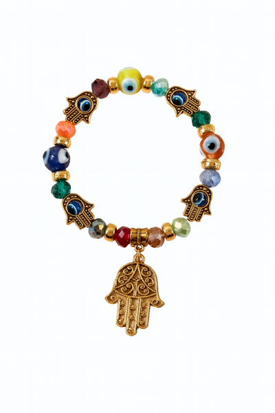 Multicolour Beaded Hamsa Hand Bracelet - Evil Eye Protection Charm