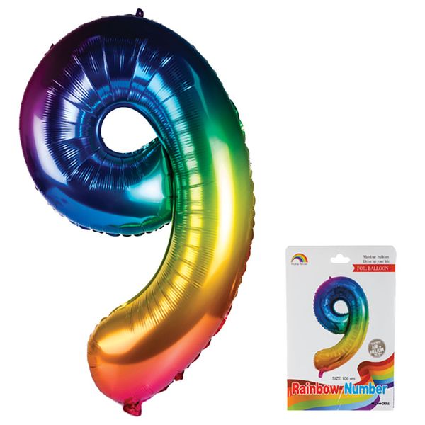 Balloon - Aluminium Foil - Metallic Rainbow - Number 9 - 106cm - 4 Pack
