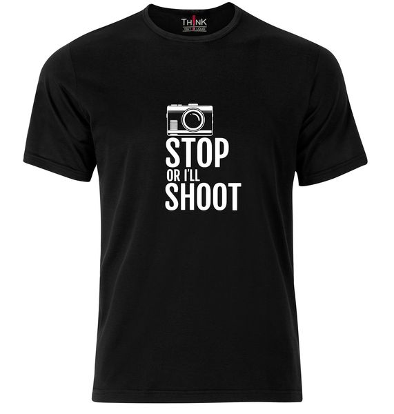 Think Out Loud Mens "Stop Or I'll Shoot" Short Sleeve Tshirt Black