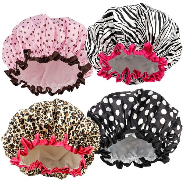 QYNIAL Waterproof Satin Bonnet Shower Cap 4 Pack Reusable Hair Bath Caps