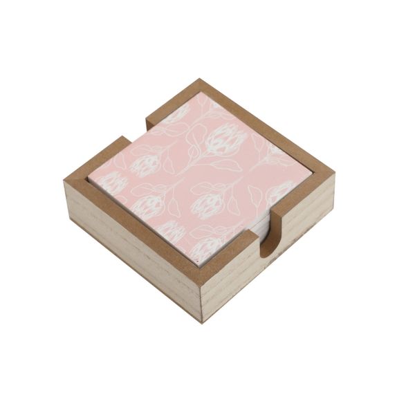 SoGood-Candy - Wooden Box with 6 Coasters - Pink &amp; White Proteas