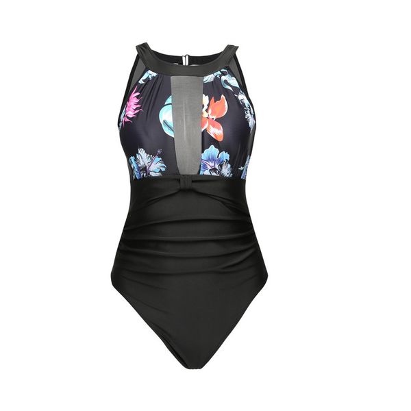 Olive Tree - Ladies Mesh High Neck 1-Piece Tummy Control Swimsuit - Floral