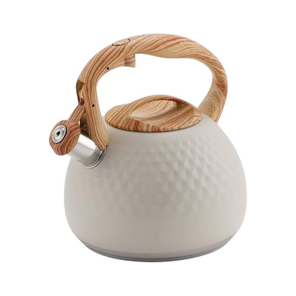 3L Diamond-Patterned Whistling Kettle With Woodgrain Handle - Beige