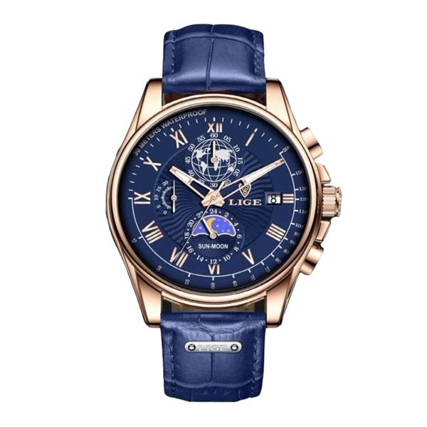 LIGE Leather Casual Sport Classic Wristwatches For Men Date Clock