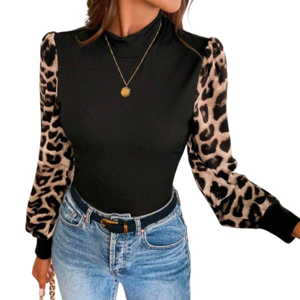 Women Leopard Print Polyester, Knit, Elastane Long Sleeve Halter Blouse