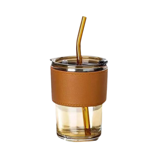 Creative Glass Coffee Cup with Portable Leather Sleeve and Straw