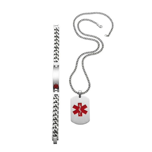 High Grade Stainless Steel Medical Alert Set, Bracelet and Dog Tag Necklace