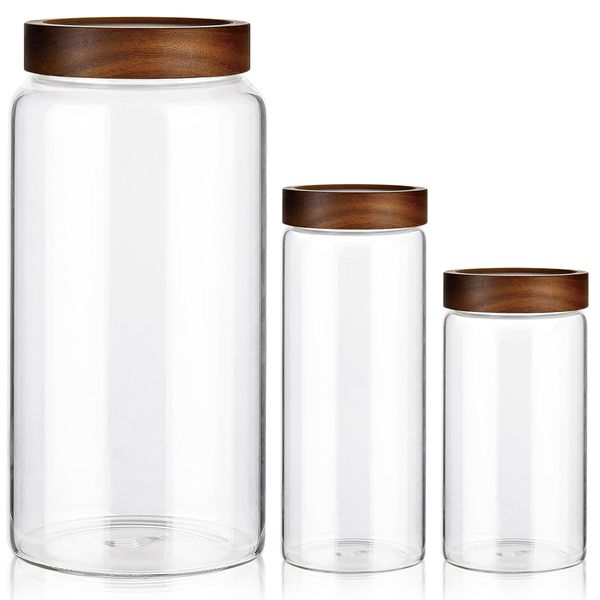 Chenshia 3Pc Acacia Wood Lid Airtight Glass Kitchen Pantry Food Storage Jar