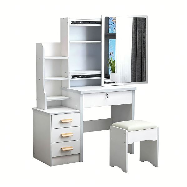 Dressing Table with Mirror Stool Set Vanity Desk Makeup Hidden Storage