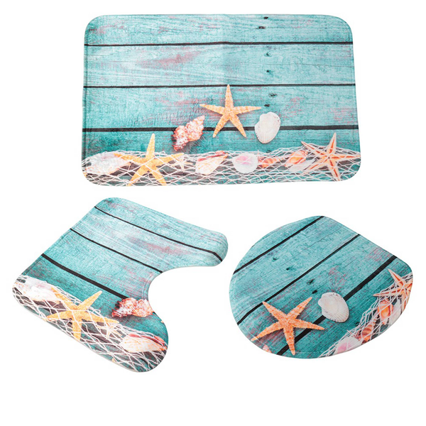 Beach Seashells Starfish Sand Bath Mat Bathroom Carpet 3 Piece
