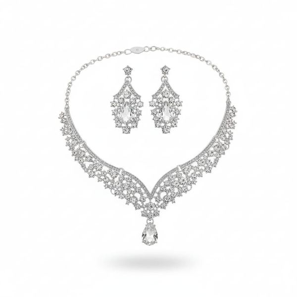 Rhinestone Necklace Earrings Set Silver Bridal Wedding Jewelry Sets