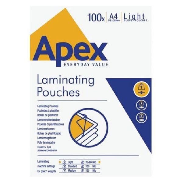 Apex- A4 Laminating Pouches 75mic 100 Sleeves