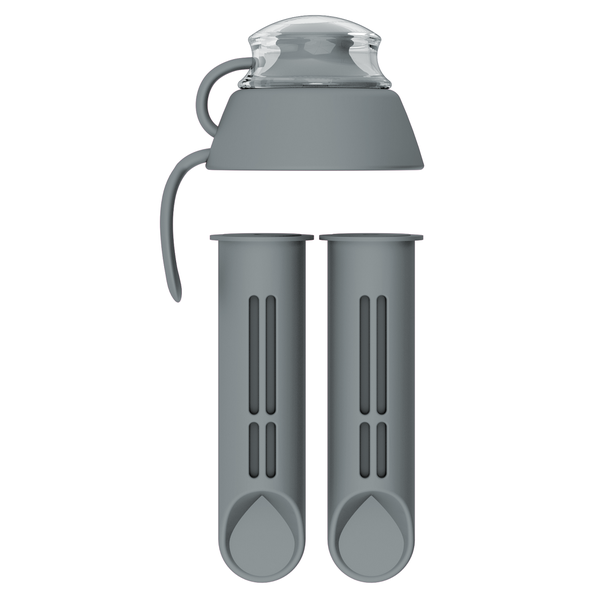 PearlCo Water Bottle Filter Cartridge Replacement x2 + Lid Grey