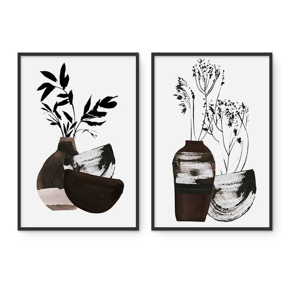 Cape Art Framed Canvas 2 Piece 40x60cm Brown Vases Black Leaves