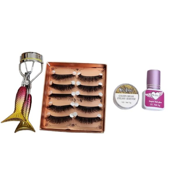 6D Mink 5 Pairs Volumized Eyelashes with Glue, Eyelashes Curler &amp; Remover