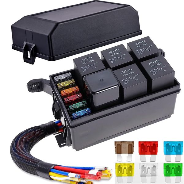 12V Fuse and Relay Box,5-Pin 40A Relay and 4-Pin Relay 6 ATC/ATO Blade Fuse
