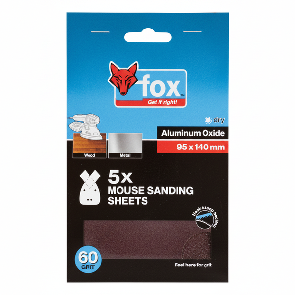Fox Mouse Sanding Sheets P60 - 5 Piece, 95x140mm for Medium Sanding