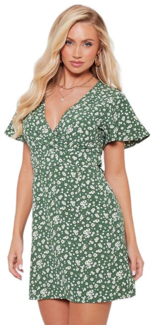 I Saw It First Ladies - Green Floral Floral Wrap Front Tie Back Mini ...