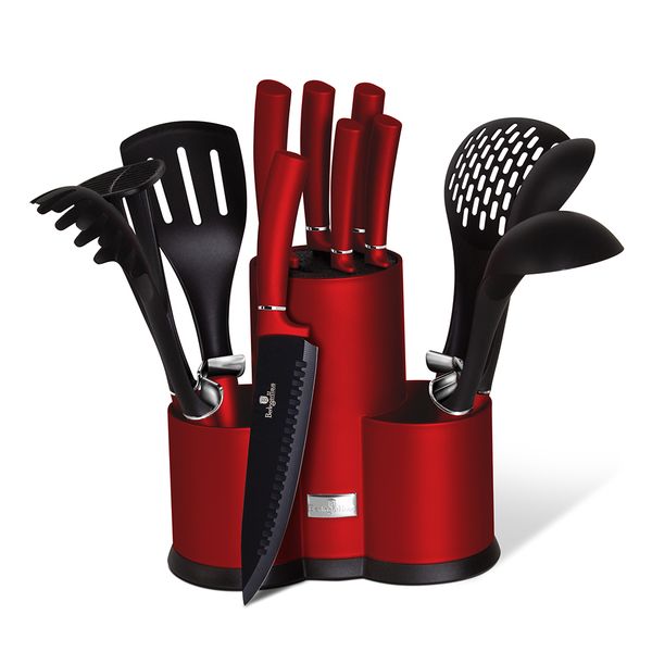 Berlinger Haus 12 Piece Knife Set with Stand and Kitchen Tools - Burgundy