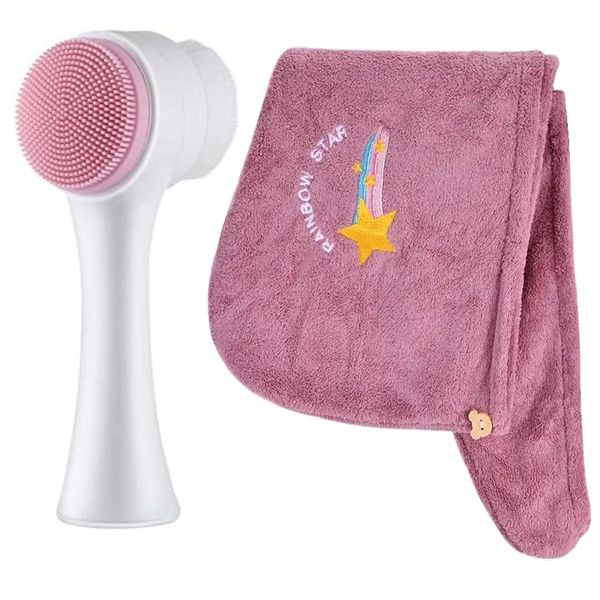 2 In 1 Skincare Face Cleansing Brush &amp; Drying Turban Hair Cap Towel Combo