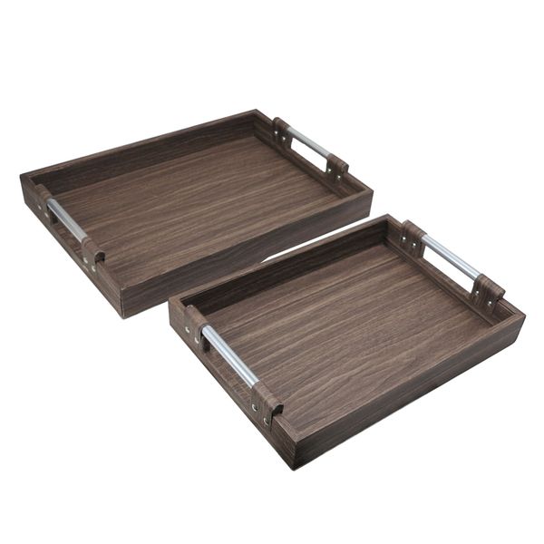 2 Piece Wooden Tray Set with Imitation Bark Leather Bind 2730 - 48cm &amp; 41cm