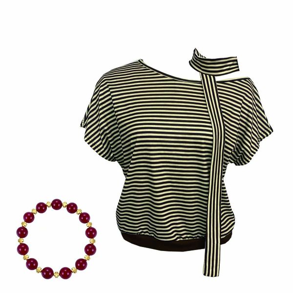 Casual Asymmetric Sloping-Neck Striped T-Shirt And Bracelet