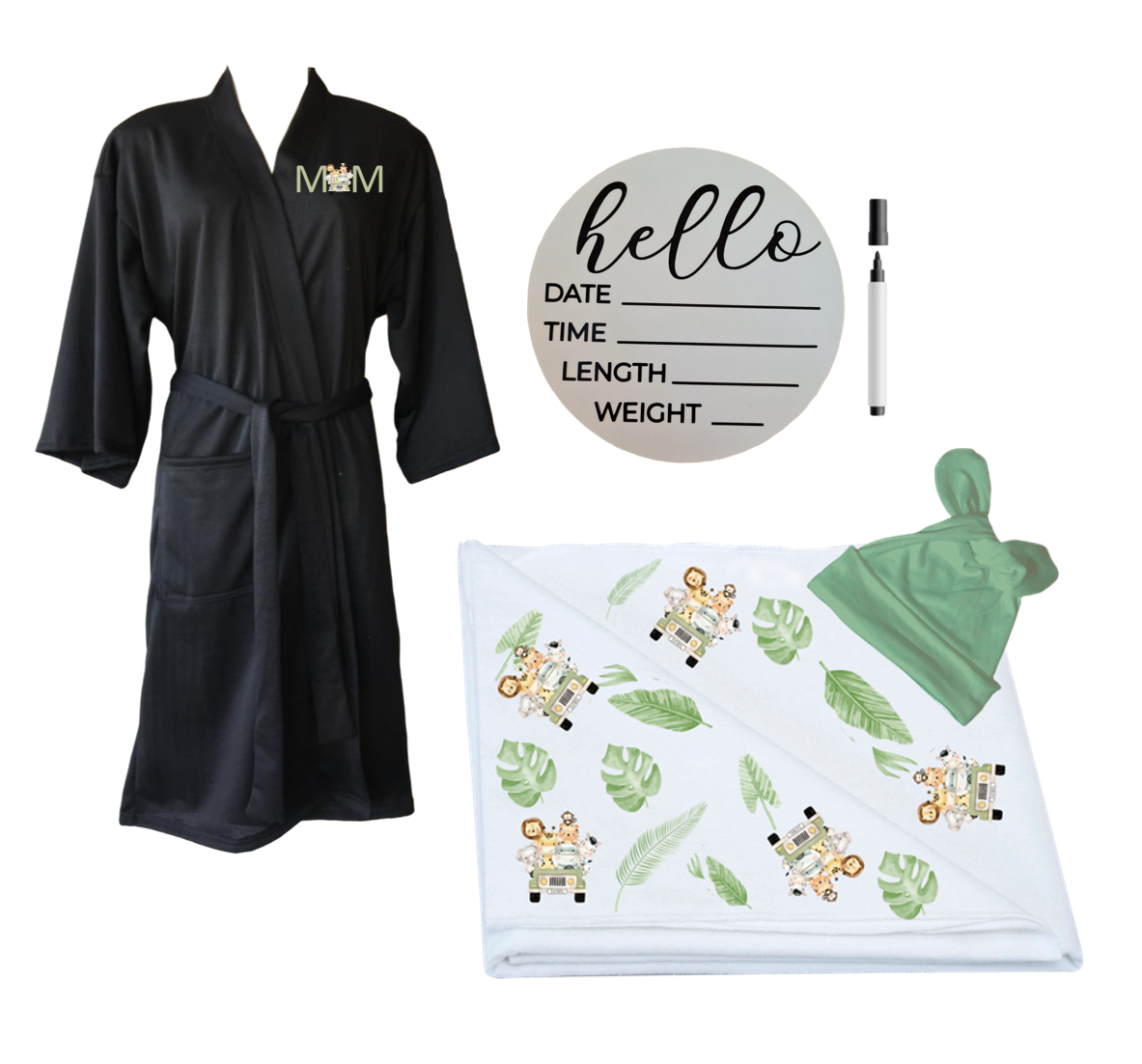 Mom & Me Set Printed Gown, Swaddle & Milestone Board Safari Truck