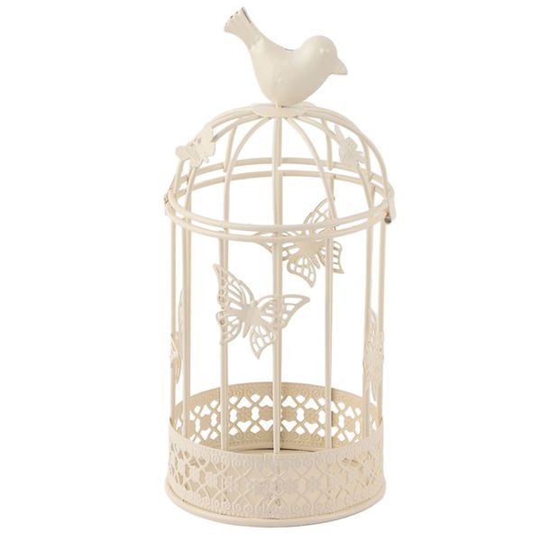 White Bird Cage Candle Holder With Bird Decor image