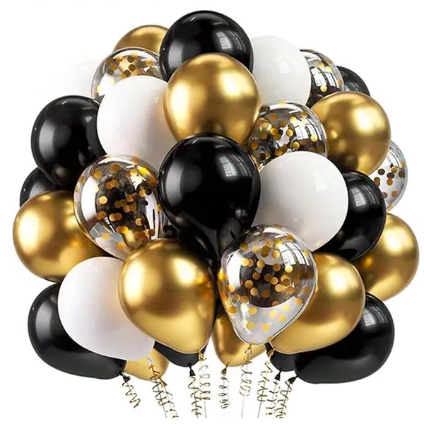 Kabukis 50 Piece Black and Gold Birthday Balloons with Confetti Inside