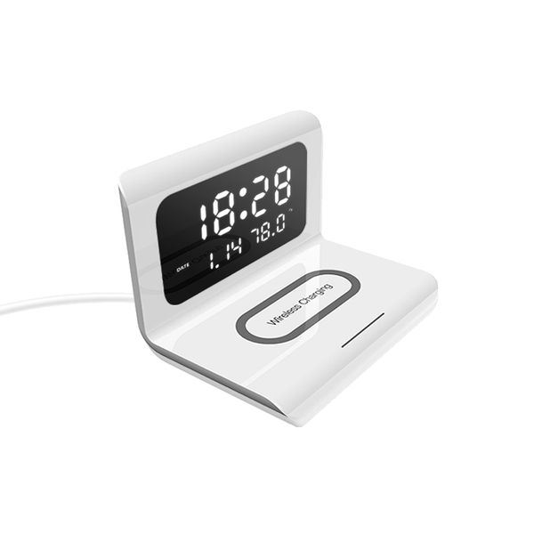 Desktop LED Digital Display Alarm Clock Wireless Phone Charger - White