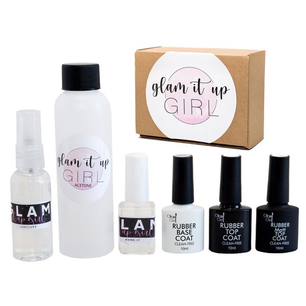 UV/LED Glam Gel Rubber Base, Top, Matte,Bond-it, Sanitzer &amp; Acetone Combo