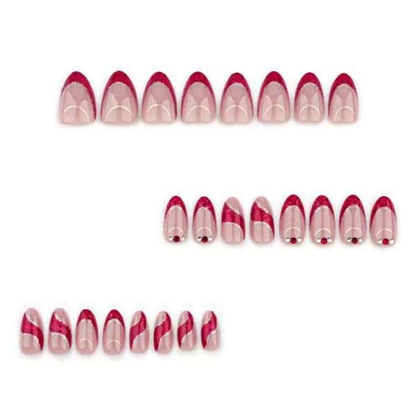 French Style Red Glitter Nail Art, Short Almond False Nails