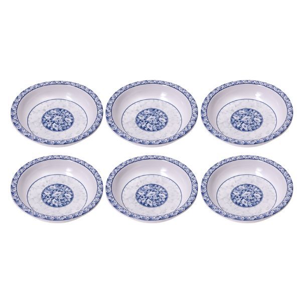 6 Piece Blue Floral Melamine Soup Bowls Set - Lightweight Dinnerware