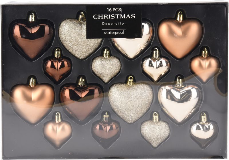 Amber Heart Xmas Ball Set - 16pcs, Shiny, Matte, Pearl &amp; Glitter