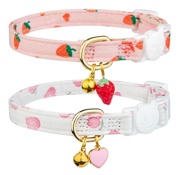 2 Piece Cat Collar, Pink Strawberries and White Heart Shaped Pendant Collar