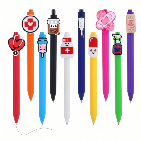10Pcs Of Cute Nursing Pens With Heart, Syringe Designs In Black Ink