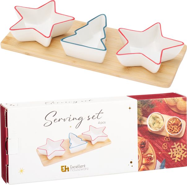 4-Piece Christmas Serving Set - Porcelain Bowls with Bamboo Tray