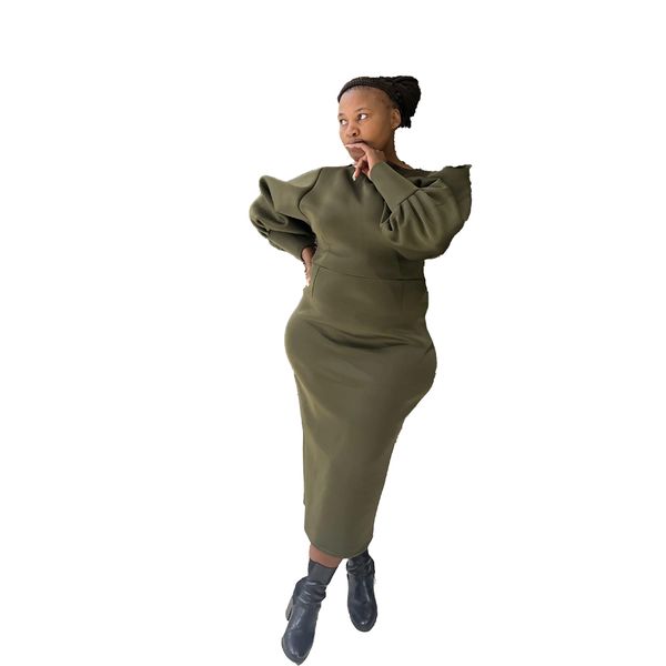 Ndu's Olive Green Puff Sleeve Bodycon Midi Dress