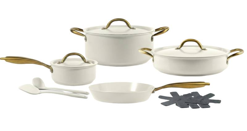 Premium Ceramic Nonstick Cookware Set with Gold Handles - Ivory
