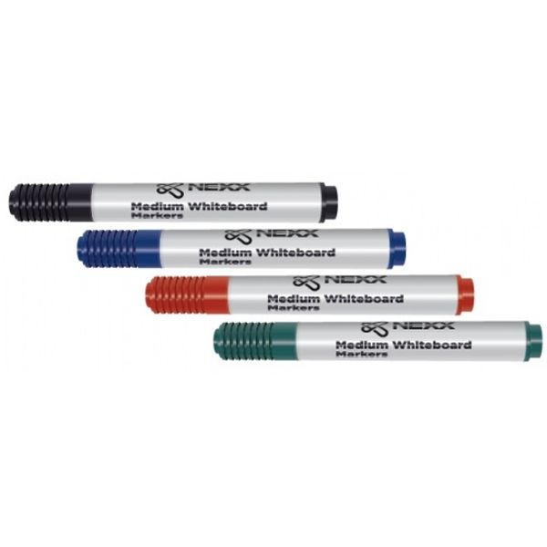 Nexx Assorted Medium Whiteboard Markers - 4 Pack (Black, Blue, Red, Green)