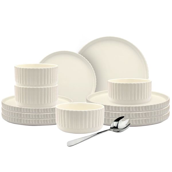 Classic Stoneware Ceramic Dinnerware Sets with Salad Fork - 13 Piece Set