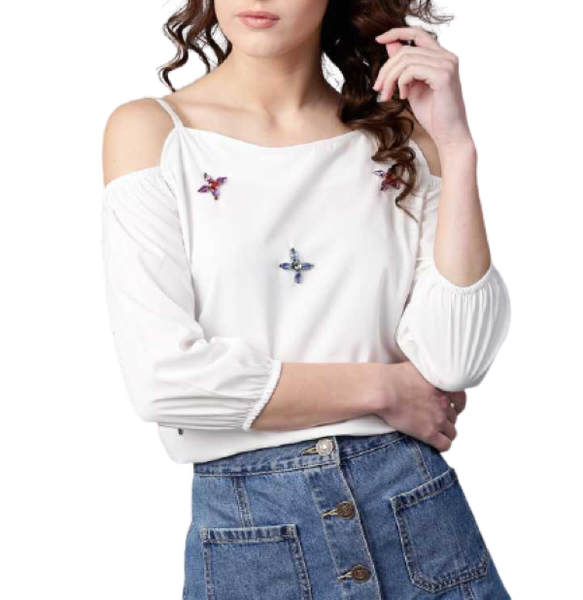 Cold Shoulder Embellished Top White