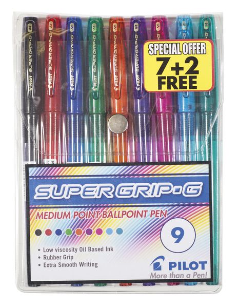 Pilot BPS-GG Supergrip G Med Ballpoint Pen - Wallet of 9 Assorted Colours