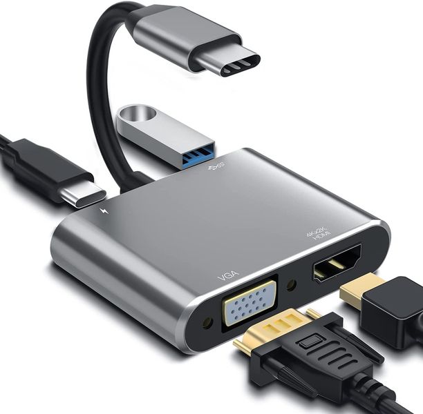 Type-C 4-in-1 Adapter - 4K HDMI, VGA, USB 3.0 Data &amp; Charging Port