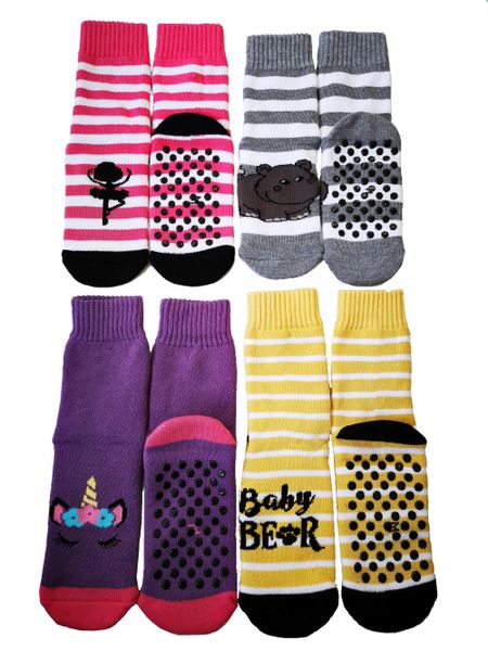 Kids Slipper Socks with Non Slip Grip Pads - Assorted Pack of 4