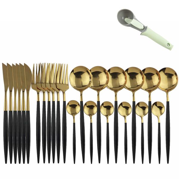 24 Black Plating Cutlery Set-white with Ice Cream Scoop